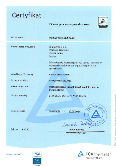 Certyfikat - ocena procesu spawalniczego  EN ISO 3834