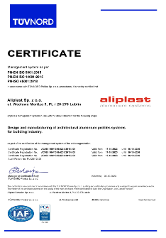 Certyfikat Aliplast Aluminium Systems ISO 9001, 14001, 45001 - EN