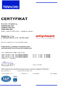  Certyfikat Aliplast Aluminium Systems ISO 9001, 14001, 45001 - PL